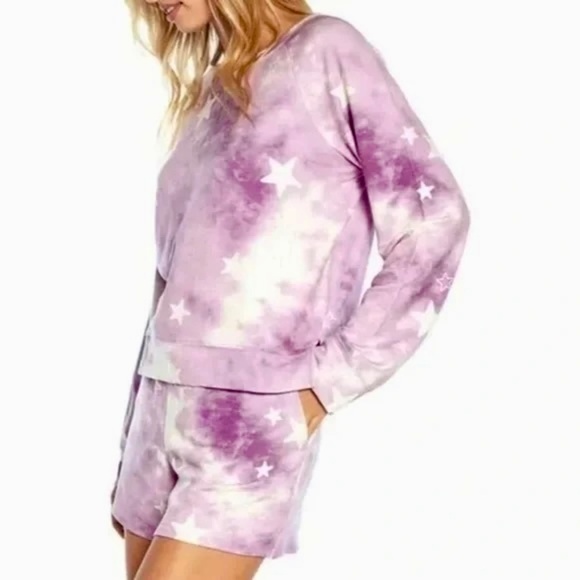 NWT!! WILDFOX Two-Piece Set Top Sweatshirt Shorts Purple Tie Dye Stars X-Large - Picture 1 of 16